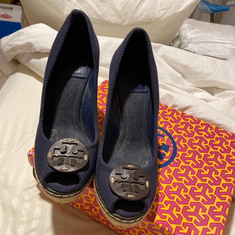 Tory Burch Blue Canvas Peep-Toe Rope Wedge 7.5